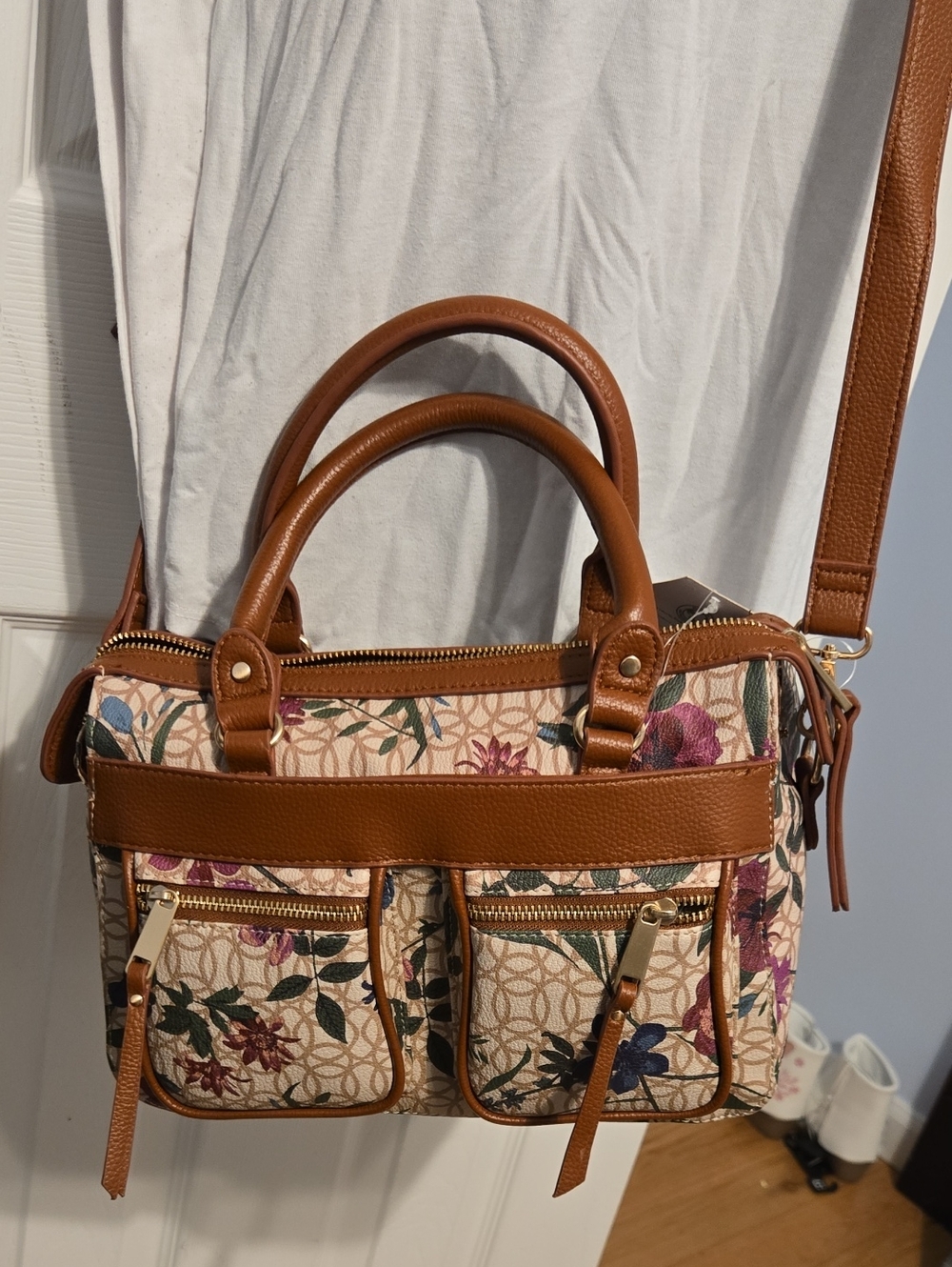 Floral Satchel Handbag With Ctossbody Strap - Brown Trim